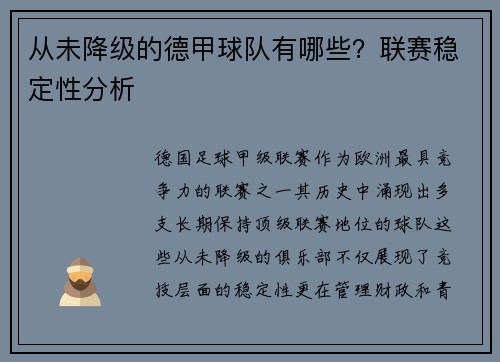 从未降级的德甲球队有哪些?联赛稳定性分析