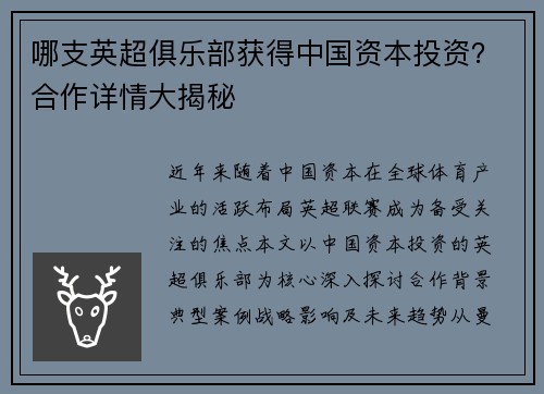 哪支英超俱乐部获得中国资本投资？合作详情大揭秘